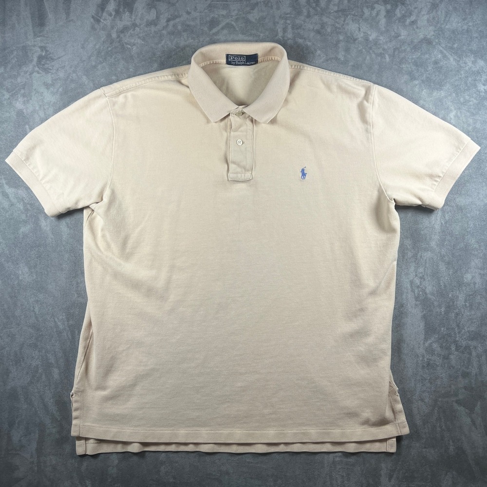 Polo Ralph Lauren Mens Tan Beige Pique Short Sleeve Polo Shirt Blue Pony Logo